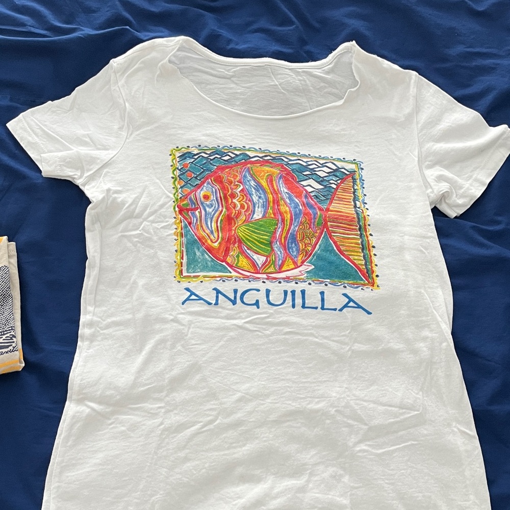White Graphic Tee with Colorful Fish Design
